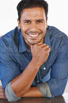 Buy stock photo Mexican, man and relax in home with portrait of happiness, wellness and confidence on vacation or holiday. Person, smile and guy with gratitude in Mexico or casual style, fashion and clothes