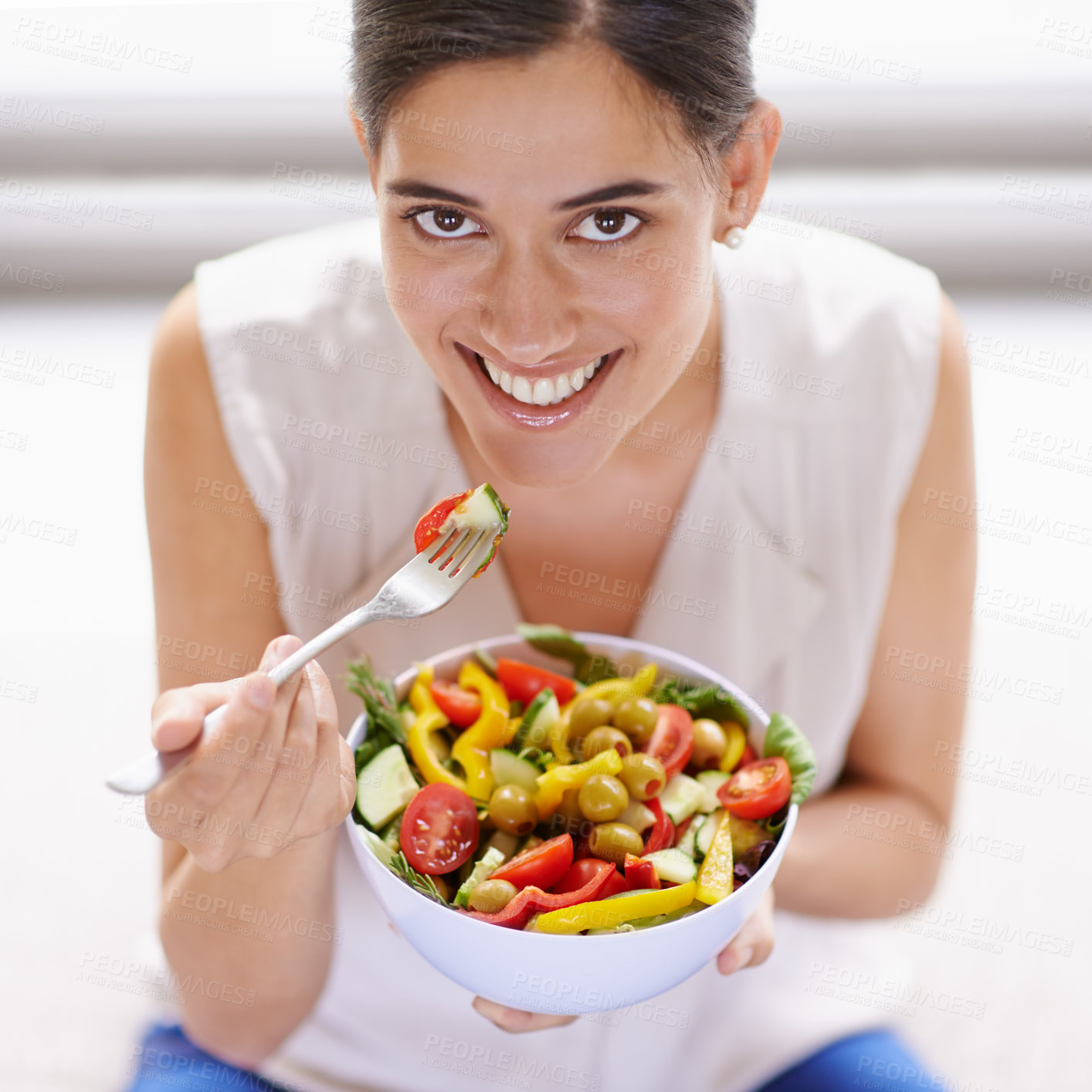 Buy stock photo Happy woman, portrait smile and salad for healthy diet, food or nutrition eating at home. Female vegan with bowl, fork or vegetables smiling in happiness for natural health, lose weight or wellness