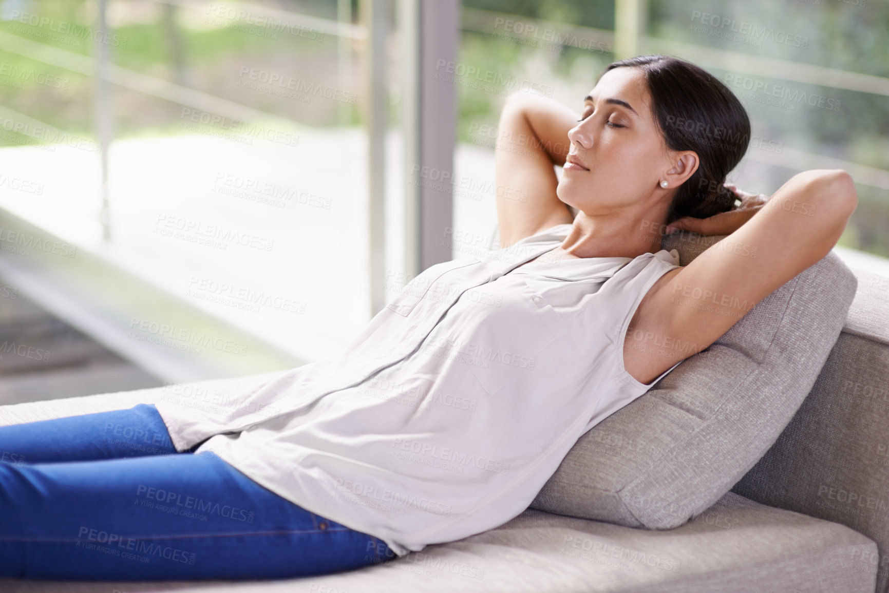 Buy stock photo Relax, sleeping and woman on sofa in living room at modern house for break, rest or peace. Calm, zen and young female person taking afternoon nap on couch in lounge at home or apartment on weekend.