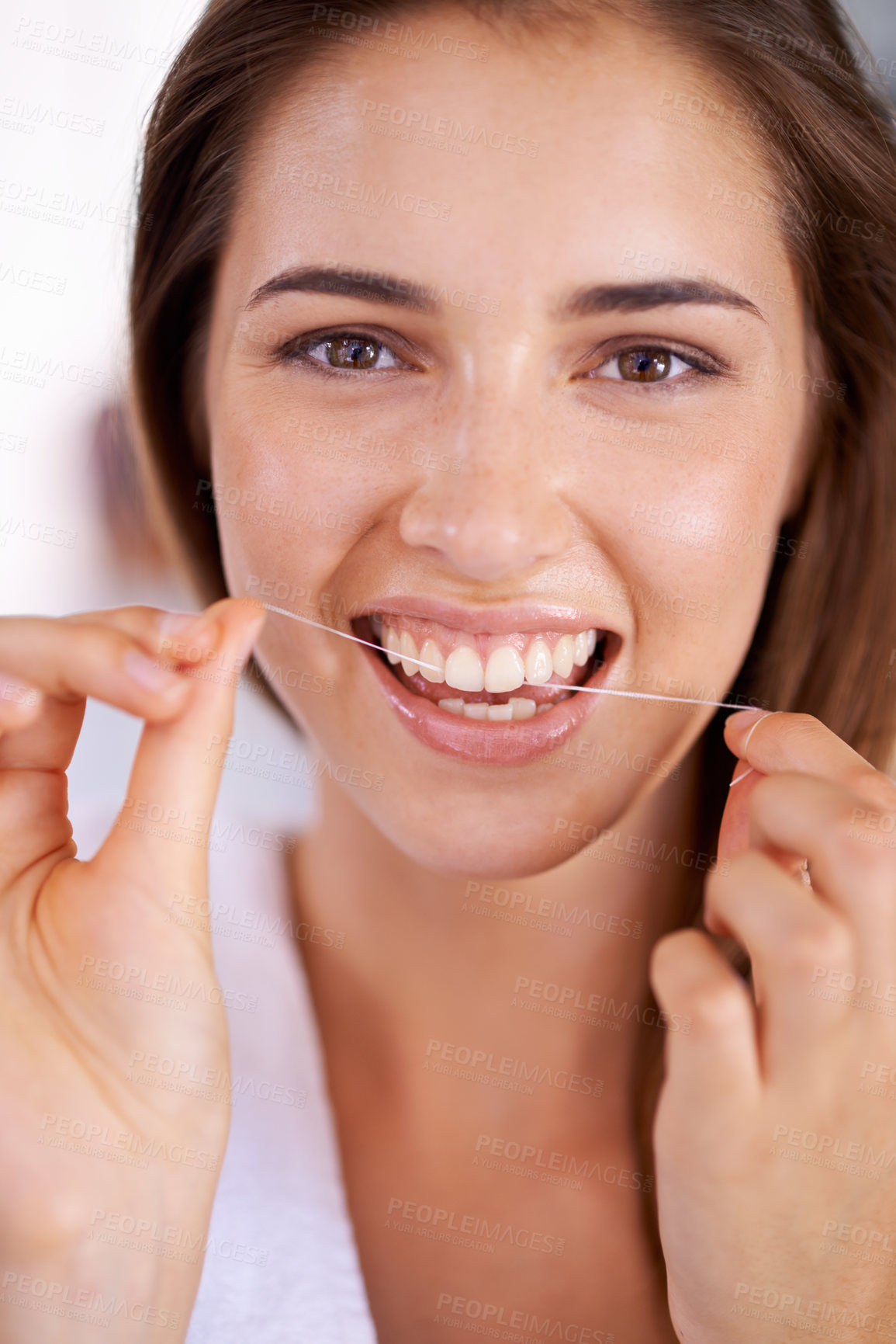 Buy stock photo Clean, dental and portrait of woman with floss for health, wellness and grooming routine for hygiene. Oral care, happy and female person with dentistry tool for teeth or mouth treatment in bathroom.