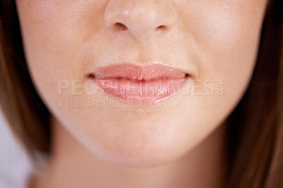 Buy stock photo Woman, lipstick and mouth closeup for beauty cosmetics for makeup skincare with gloss, treatment or filler. Female person, product and aesthetic wellness in Canada for spa hygiene, wellbeing or care