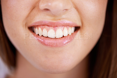 Buy stock photo Smile, dental and closeup of woman teeth with health, wellness and clean routine for hygiene. Oral care, happy and zoom of young female person with dentistry mouth treatment for fresh breath.