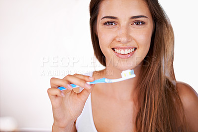 Buy stock photo Happy, dental and portrait of woman with toothbrush for health, wellness and clean routine for hygiene. Oral care, smile and young female person with toothpaste for dentistry teeth or mouth treatment