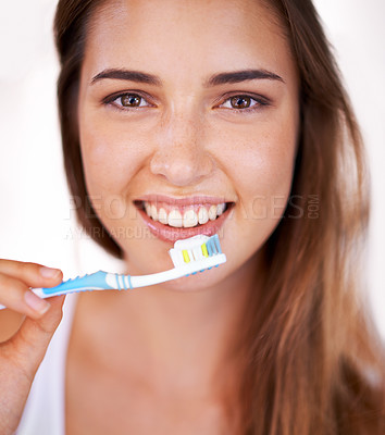 Buy stock photo Smile, oral care and portrait of woman with toothbrush for health, wellness and clean routine for hygiene. Dental, happy and young female person with toothpaste for dentistry teeth or mouth treatment