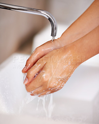 Buy stock photo Hands, water and soap for person cleaning in skincare, routine and grooming in home closeup. Bathroom, tap and washing skin with foam for sanitary protection of hygiene from germs, bacteria and virus