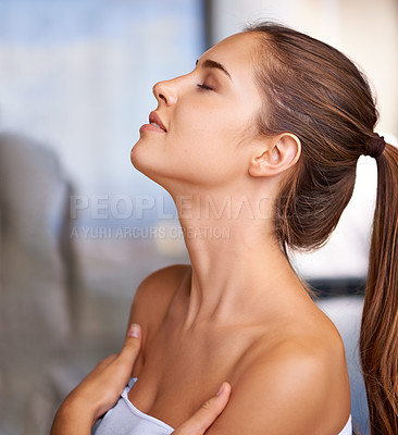 Buy stock photo Woman, skincare and relax confidence outdoor with dermatology treatment for wellbeing, self care or transformation. Female person, natural and hygiene routine or bathroom health, washing or wellness