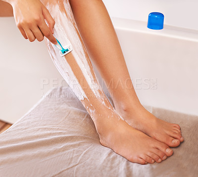 Buy stock photo Closeup, skincare and woman shaving legs, dermatology and hair removal with luxury and aesthetic. Person, feet or girl with razor and cream with wellness or healthy skin with cosmetics, glow or home