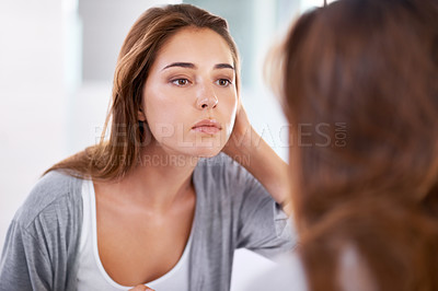 Buy stock photo Woman, mirror and skincare for natural beauty for healthy cosmetic facial, treatment or washing. Female person, hand and reflection in home for dermatology glow for heath, self care or transformation