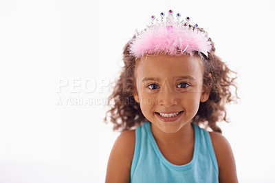 Buy stock photo Studio portrait of an adorable little girl in a tiara isolated on white