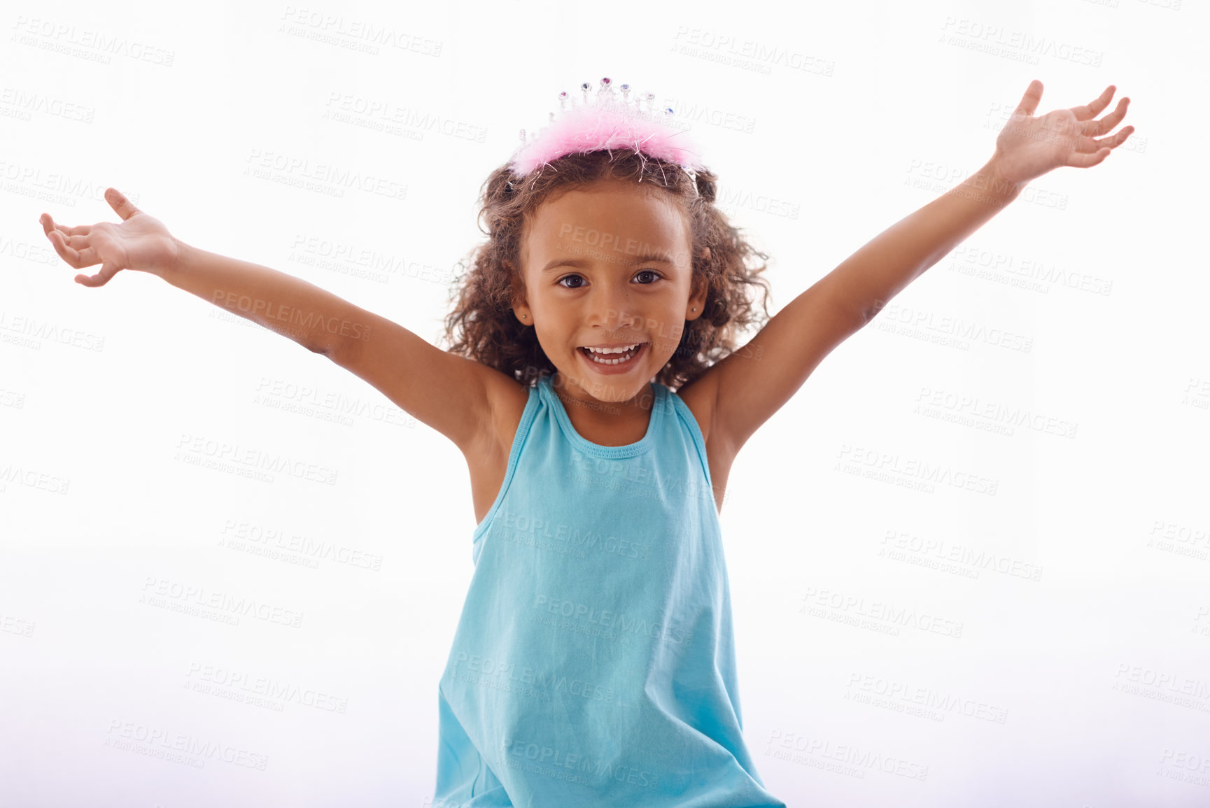 Buy stock photo Little girl, excited and portrait on white background, princess crown and sweet for birthday and cute. Female child, kid and face for curly hair, happiness and joy for costume and playful in studio