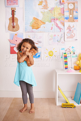 Buy stock photo Portrait of an adorable little girl holding her teddybear