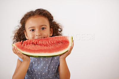 Buy stock photo Eyes, portrait or girl with watermelon in studio for healthy, diet or wellness on grey background. Fruit, mockup or kid model face with gut health, nutrition or organic snack for digestion support
