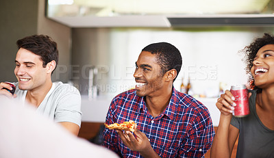 Buy stock photo Pizza, smile and social gathering with group of friends eating together in restaurant for bonding. Happy, funny or laughing with young men and women enjoying fast food for hunger or conversation