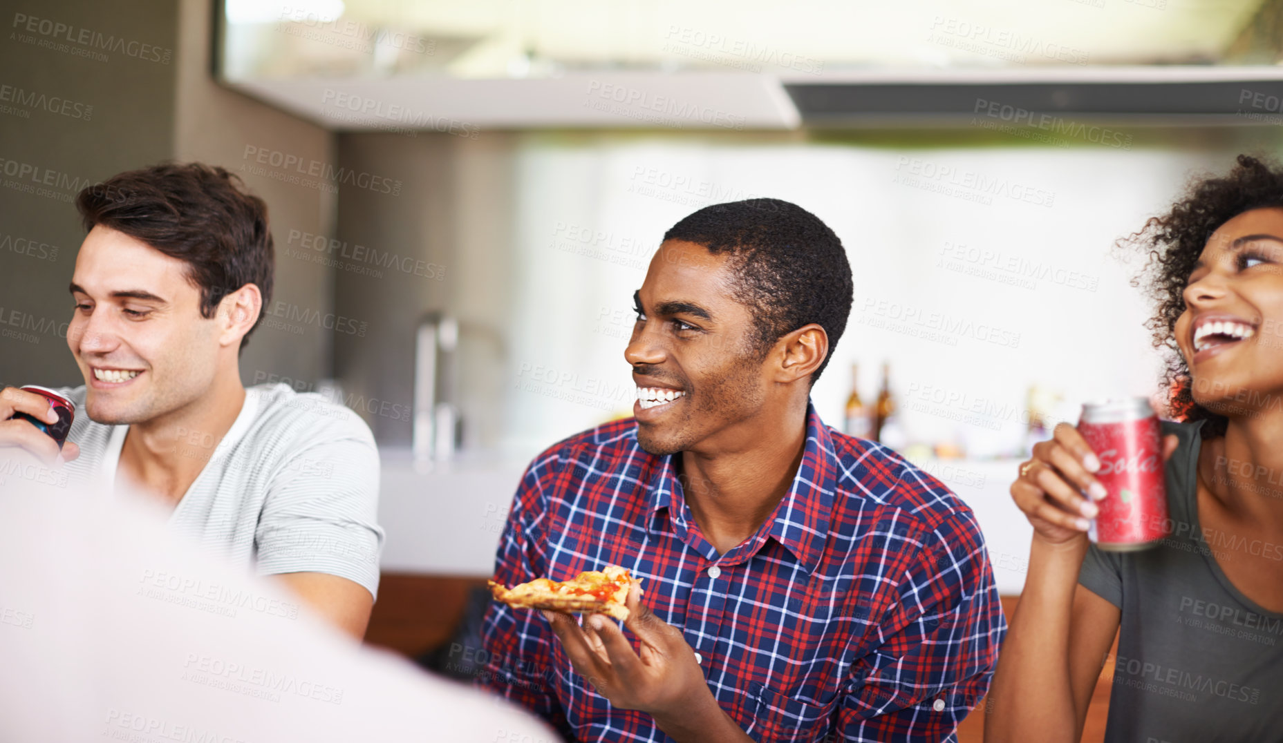 Buy stock photo Pizza, smile and social gathering with group of friends eating together in restaurant for bonding. Happy, funny or laughing with young men and women enjoying fast food for hunger or conversation