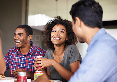 Buy stock photo Happy woman, drinks or friends eating in restaurant on holiday vacation bonding or laughing together. Smile, diversity or funny people relaxing with sodas at lunch gathering or party with fast food 