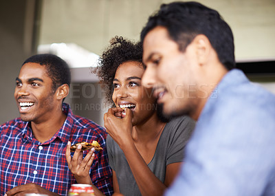 Buy stock photo Pizza party, smile and with group of friends eating together in restaurant for social bonding. Meal, funny or laughing with happy young men and women enjoying fast food for hunger or conversation