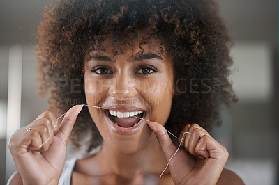 Buy stock photo African woman, dental floss and happy in portrait for oral wellness, health and benefits for mouth in bathroom. Girl, person and teeth whitening with string, cleaning and change for results in house
