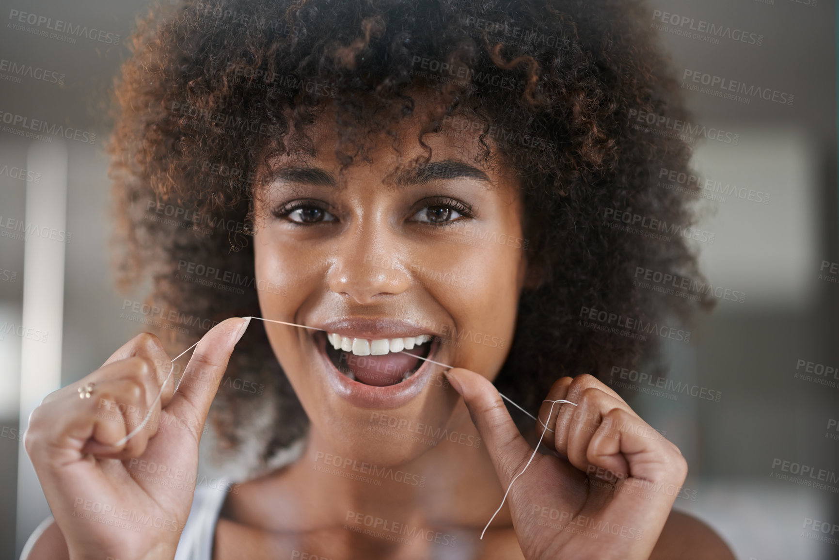 Buy stock photo African woman, dental floss and happy in portrait for oral wellness, health and benefits for mouth in bathroom. Girl, person and teeth whitening with string, cleaning and change for results in house