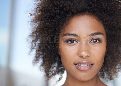 Buy stock photo Natural, beauty and portrait of black woman in morning, bathroom and glow on skin from dermatology. African, skincare and face of girl with makeup from cosmetics or hair care for curly hairstyle