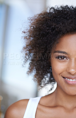 Buy stock photo Half, face and black woman with beauty and happiness from  dermatology and natural glow on skin. African, girl and portrait of skincare, cosmetics or hair care for curly afro hairstyle closeup