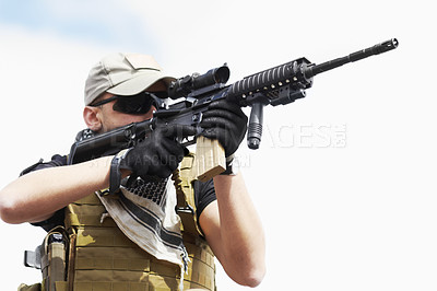 Buy stock photo Soldier man, sniper and outdoor with aim, field or nature for war, fight or army in countryside. Military service, battlefield and agent with weapon, gear or helmet with focus for shooting in Ukraine