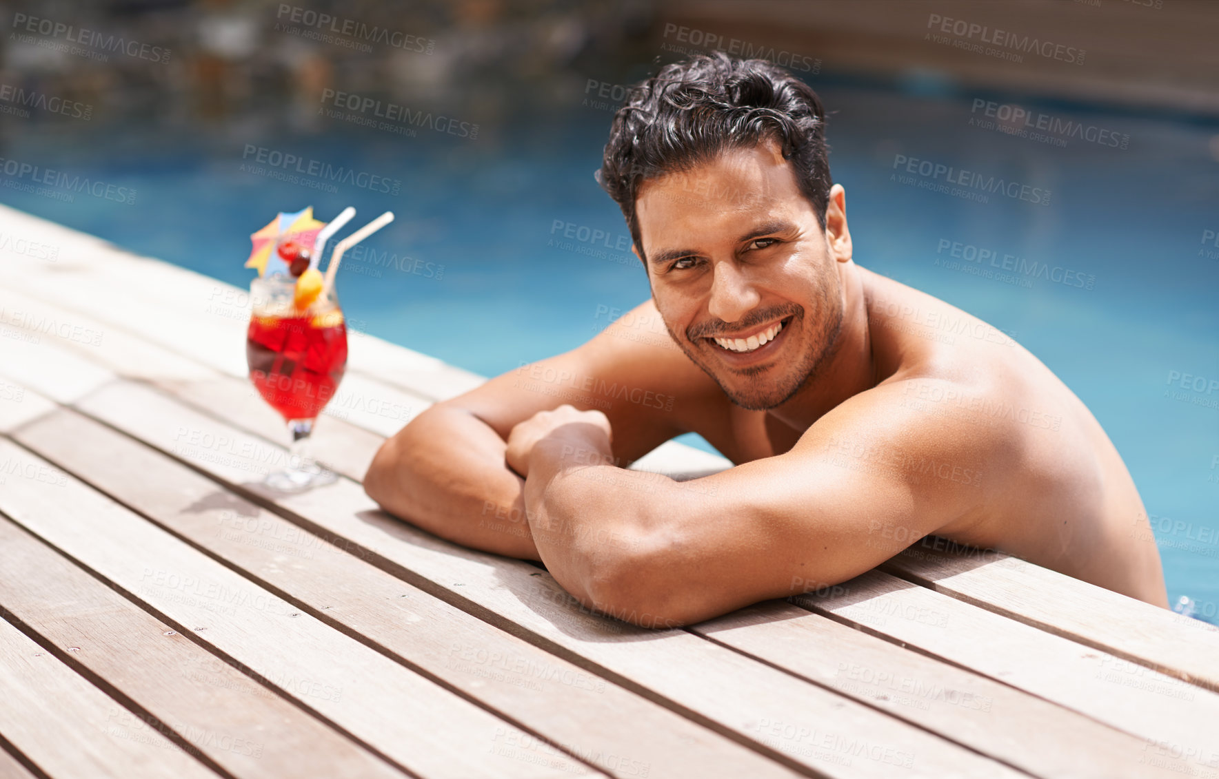 Buy stock photo Man, relax and portrait at swimming pool with cocktail at hotel, resort and travel on luxury vacation. Summer, holiday and glass of alcohol to drink with happiness on deck at poolside in Miami
