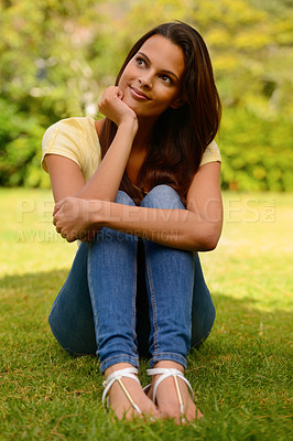 Buy stock photo Thinking, relax and woman in a park for freedom, motivation and smile on the grass in nature. Calm, peace and girl with an idea during a holiday or vacation in a natural environment or lawn in summer