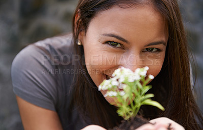 Buy stock photo Woman, flower and garden with portrait in nature, ecology and sustainability with environment. Landscaping, gardener with plant and eco friendly for growth, green and botanical with happiness outdoor
