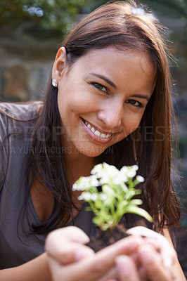 Buy stock photo Happy woman, flower and gardening with portrait in nature, ecology and sustainability with environment. Landscaping, gardener with plant and eco for growth, green and botanical with smile outdoor