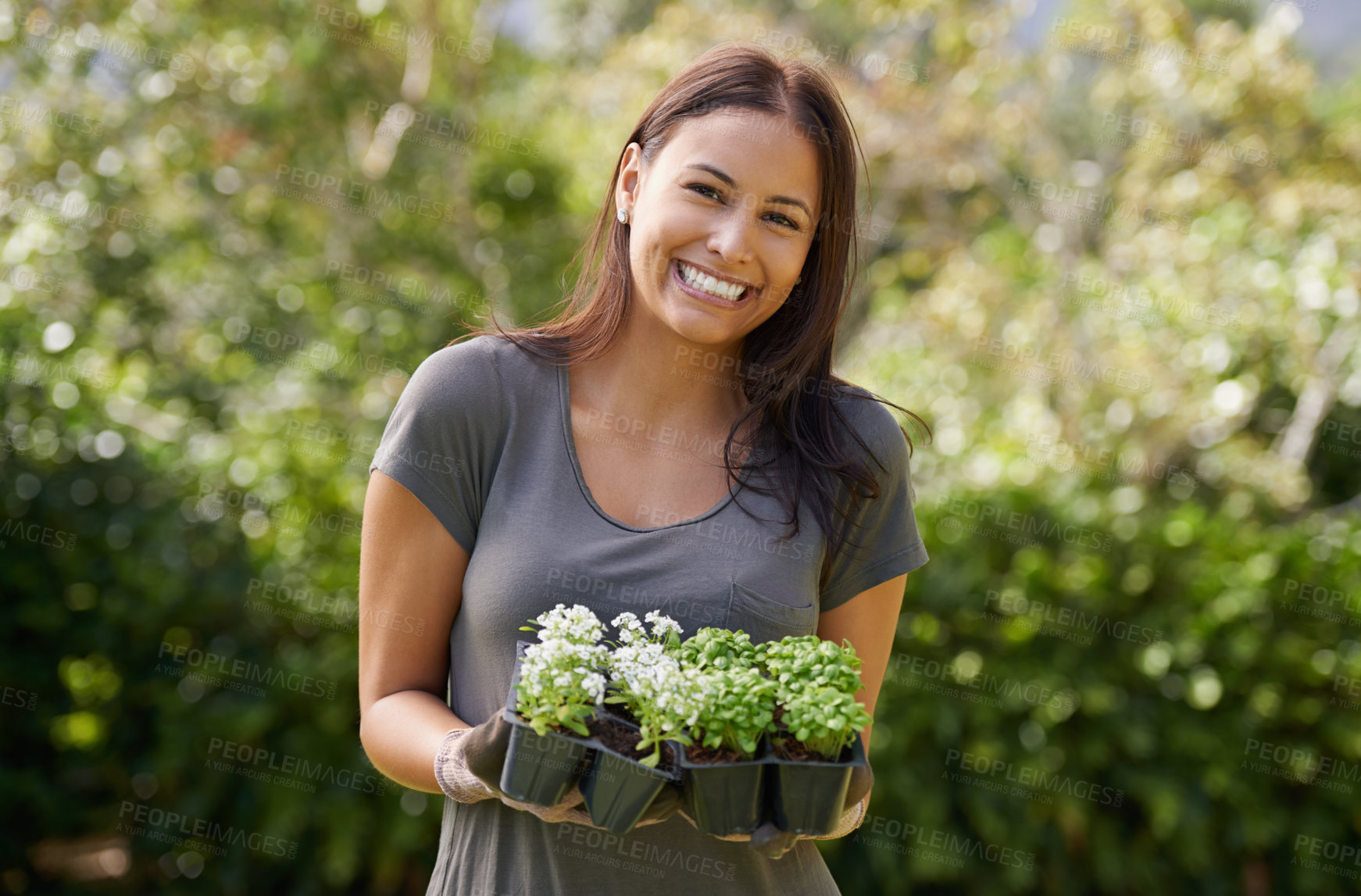 Buy stock photo Portrait, smile and excited woman in a garden with plant, sprout or leaf growth outdoor. Backyard, sustainability and face of female person gardening outside for lawn, grass or asylum seedling soil