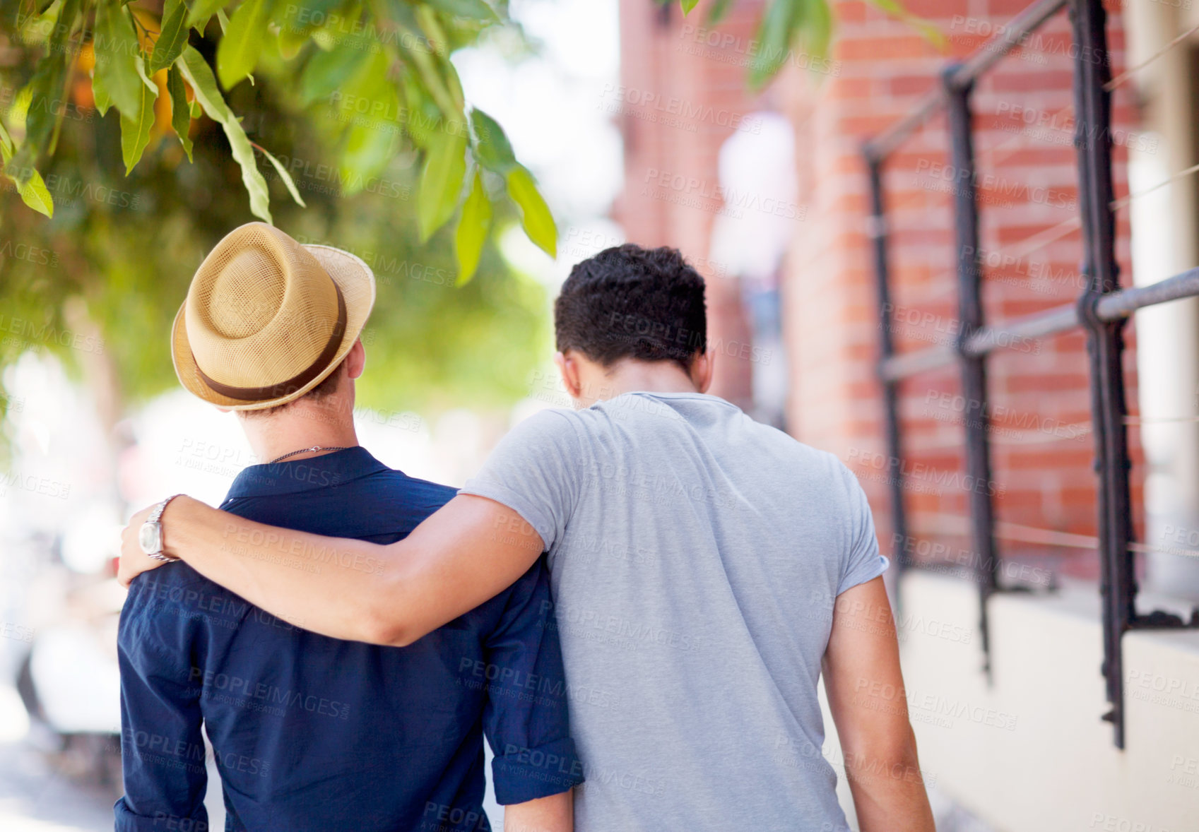 Buy stock photo City, travel and back of gay couple walking together in the street while on a tourism vacation. Love, affection and male friends embracing in an outdoor urban road while on a weekend trip or holiday.