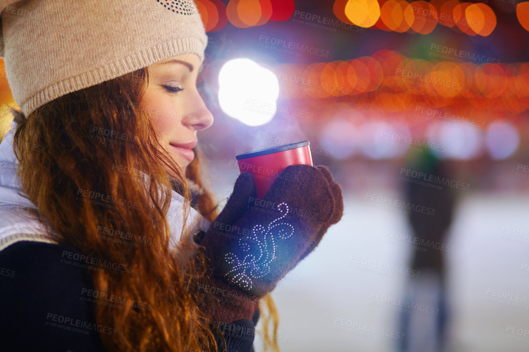 Buy stock photo Woman, ice rink and happy in night with coffee, steam or smell aroma on winter vacation. Girl, happiness or warm drink for cup of matcha, espresso or latte for energy for exercise, fitness or holiday