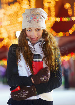 Buy stock photo Woman, ice skating and outdoor portrait with coffee in night winter holiday, training or exercise. Girl, vacation and happiness for sport, skate or fitness with excited face for drink, matcha or coco