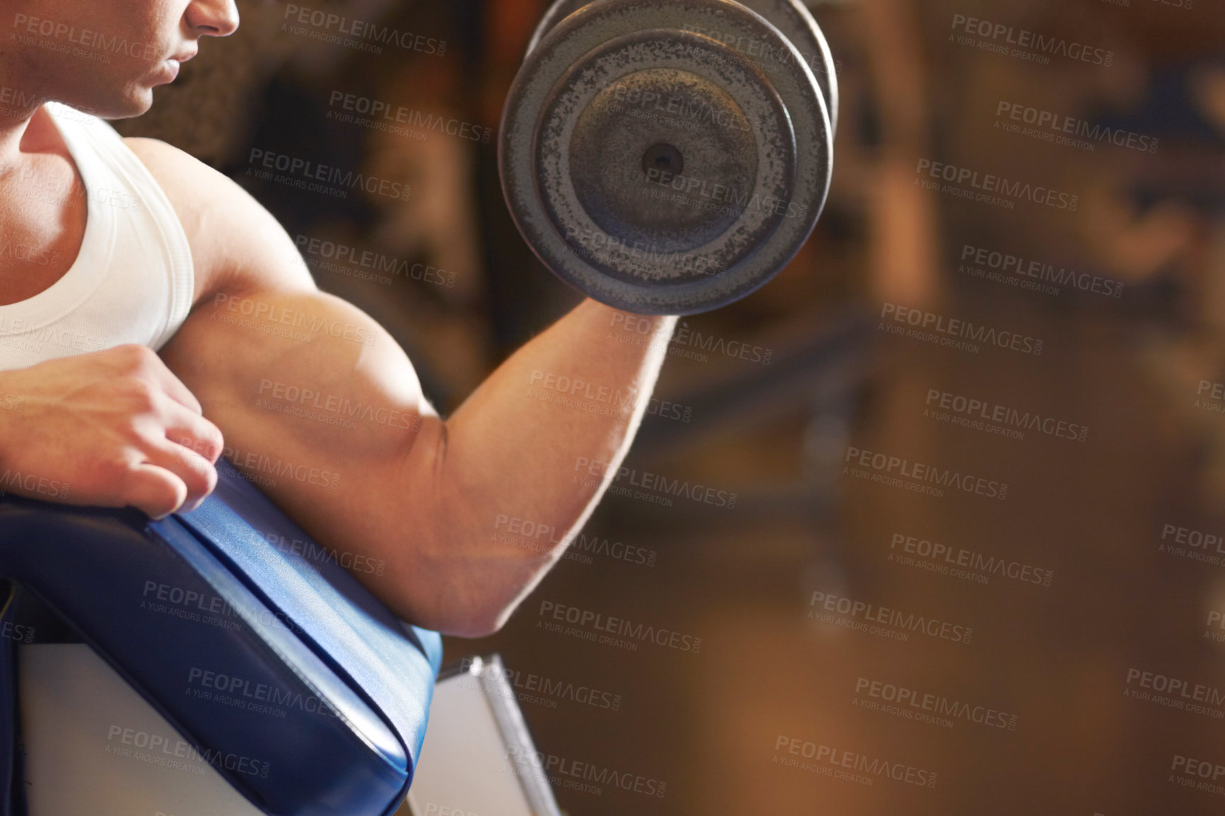 Buy stock photo Arm, dumbbell weights and man with training routine, bodybuilder commitment or focus on power, health or club challenge. Exercising, gym performance and healthy male person with bicep curl