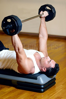 Buy stock photo Barbell, bench press and man doing gym workout, fitness circuit or training for bodybuilding, muscle growth, sports challenge. Wellness, strong and person working on weightlifting floor exercise