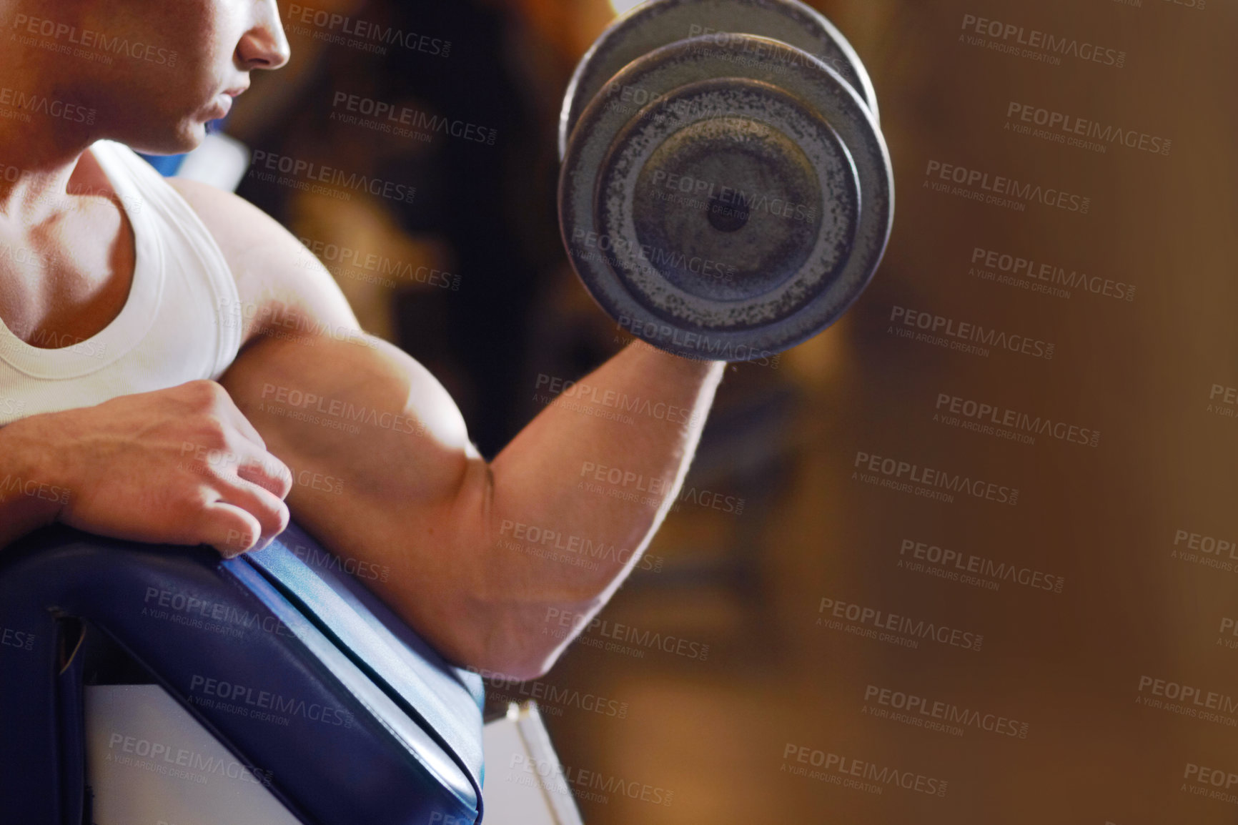 Buy stock photo Arm strength, dumbbell and man with training routine, athlete determination or focus on power, health or club challenge. Determined, healthy fitness and ripped person workout for strong bicep growth