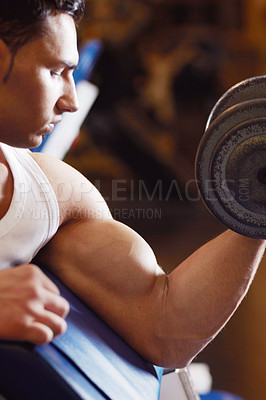 Buy stock photo Gym focus, arm and fitness man doing dumbbell workout, muscle building exercise or training. Health mindset, power and bodybuilder person working on weightlifting, bicep curling or sports performance