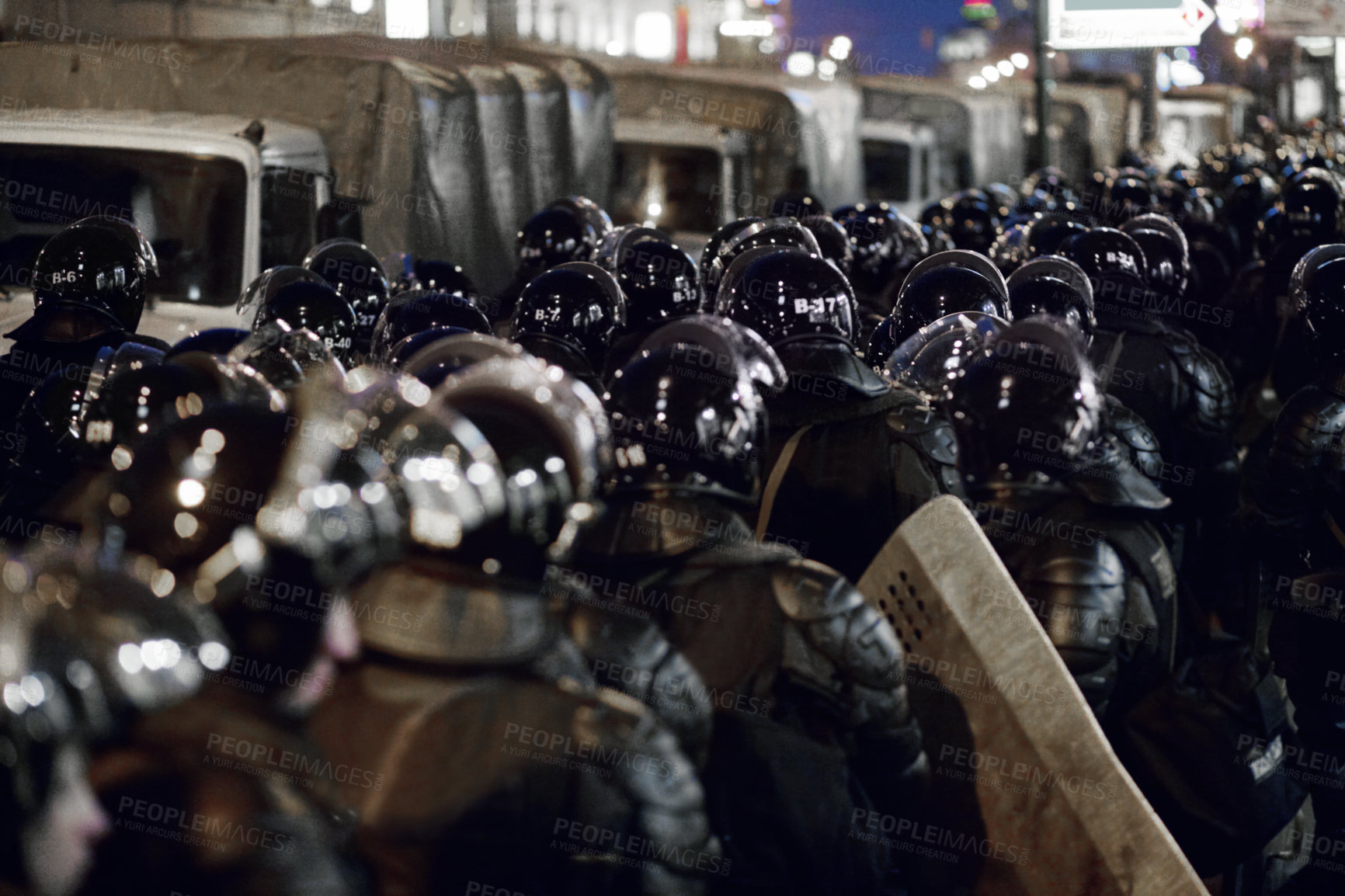 Buy stock photo The army barricading a riot in the city