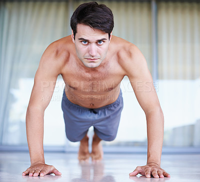 Buy stock photo Portrait, fitness and man during push up, sports and working out at gym center. Exercise or plank for core muscle and health or well being for body, pilates and fit male sportsman at outdoor studio