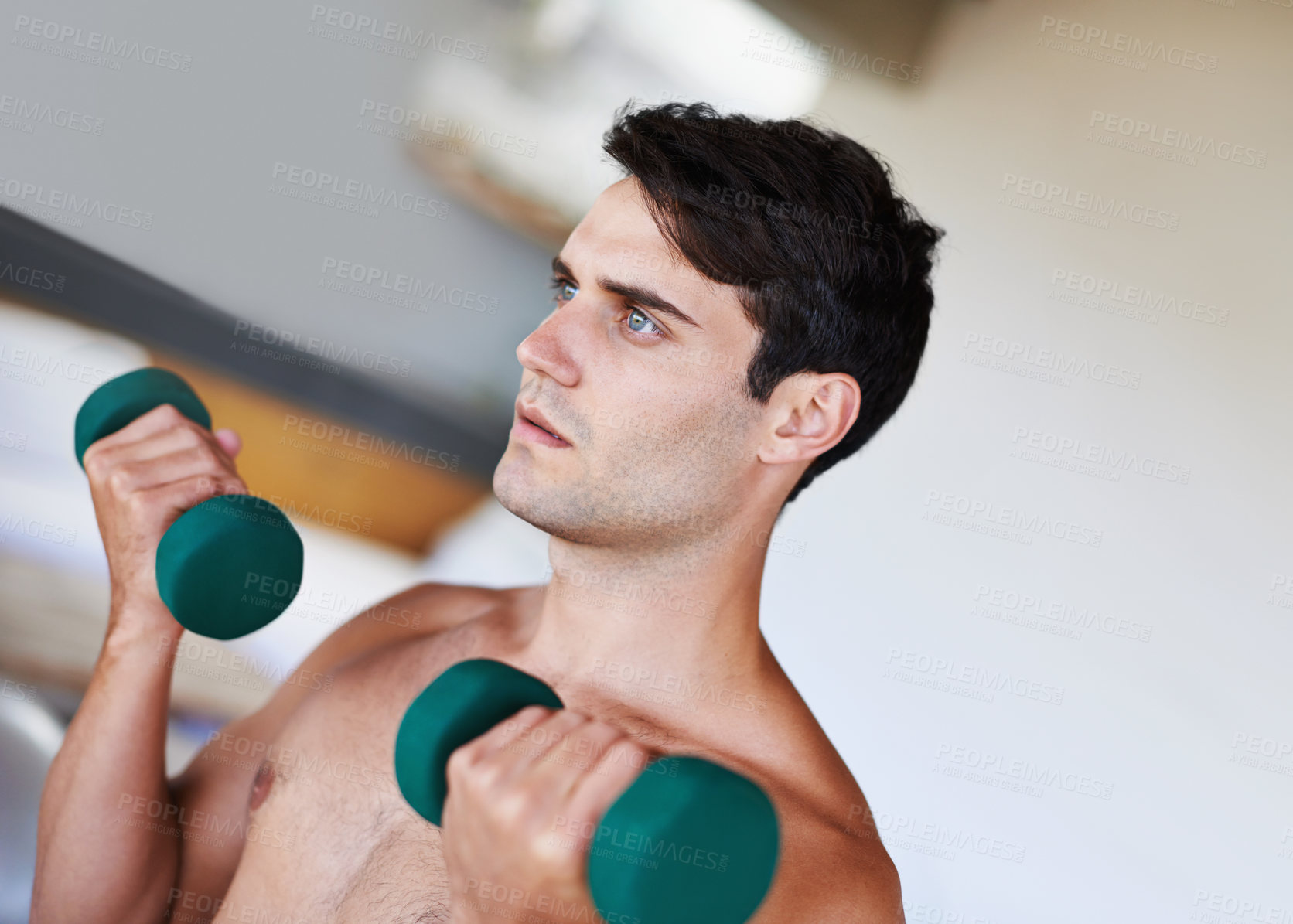 Buy stock photo Man, dumbbells for weightlifting and fitness, muscle training for strong body and self care in apartment. Topless athlete, exercise and endurance in workout at home for health, wellness and strength