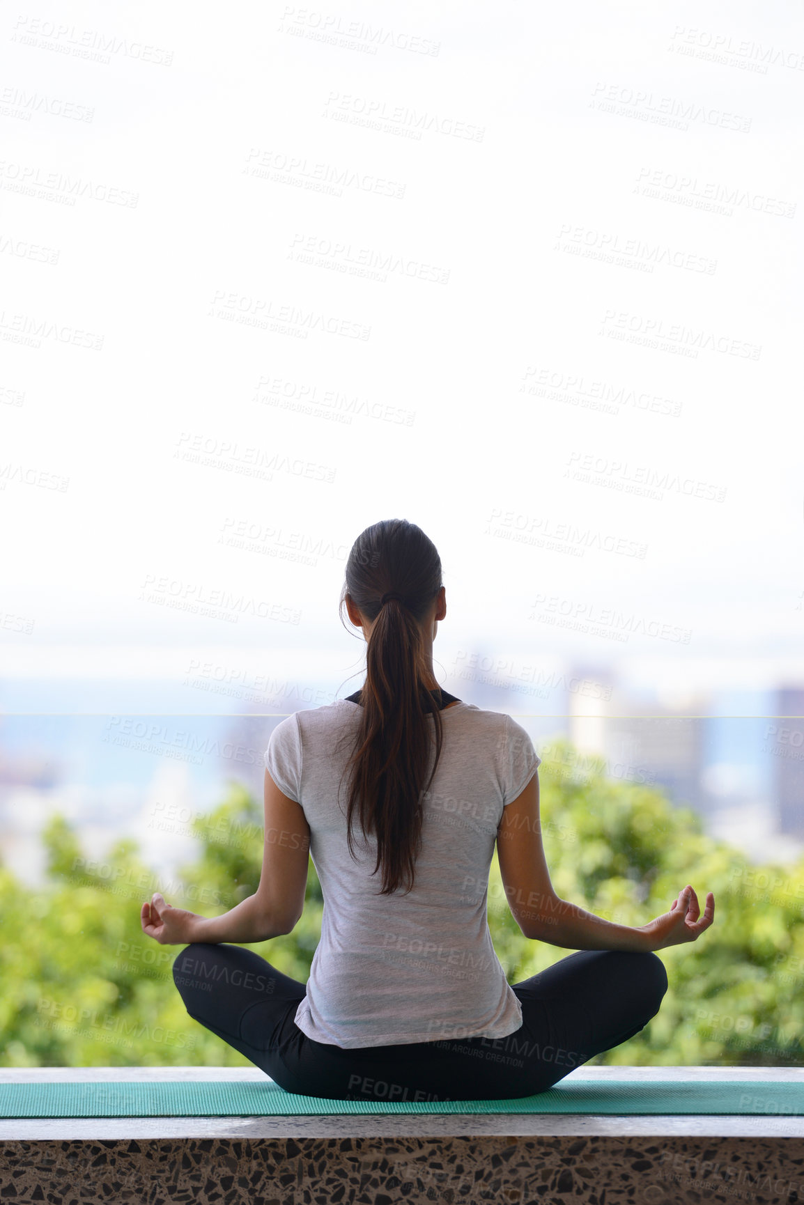 Buy stock photo Woman, meditation and yoga with mat by window for workout, exercise or spiritual wellness at home. Rear view of female person or yogi meditating in relax for inner peace, zen or fitness at the house