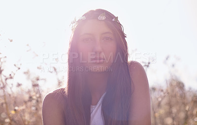 Buy stock photo Woman, portrait and hipster with headband in wheat field or nature for outdoor summer or sunshine. Face of young female person, teenager or brunette in relax for season with lens flare in countryside