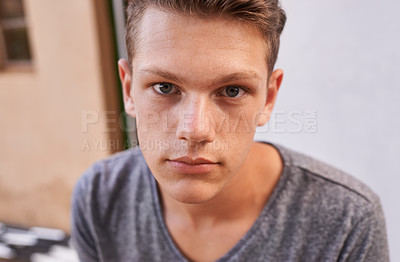 Buy stock photo Teenager, portrait and face with confident, outside and proud with youth. Teen, student and campus with cool, attitude and relax for rest or break from school or university for growth and future