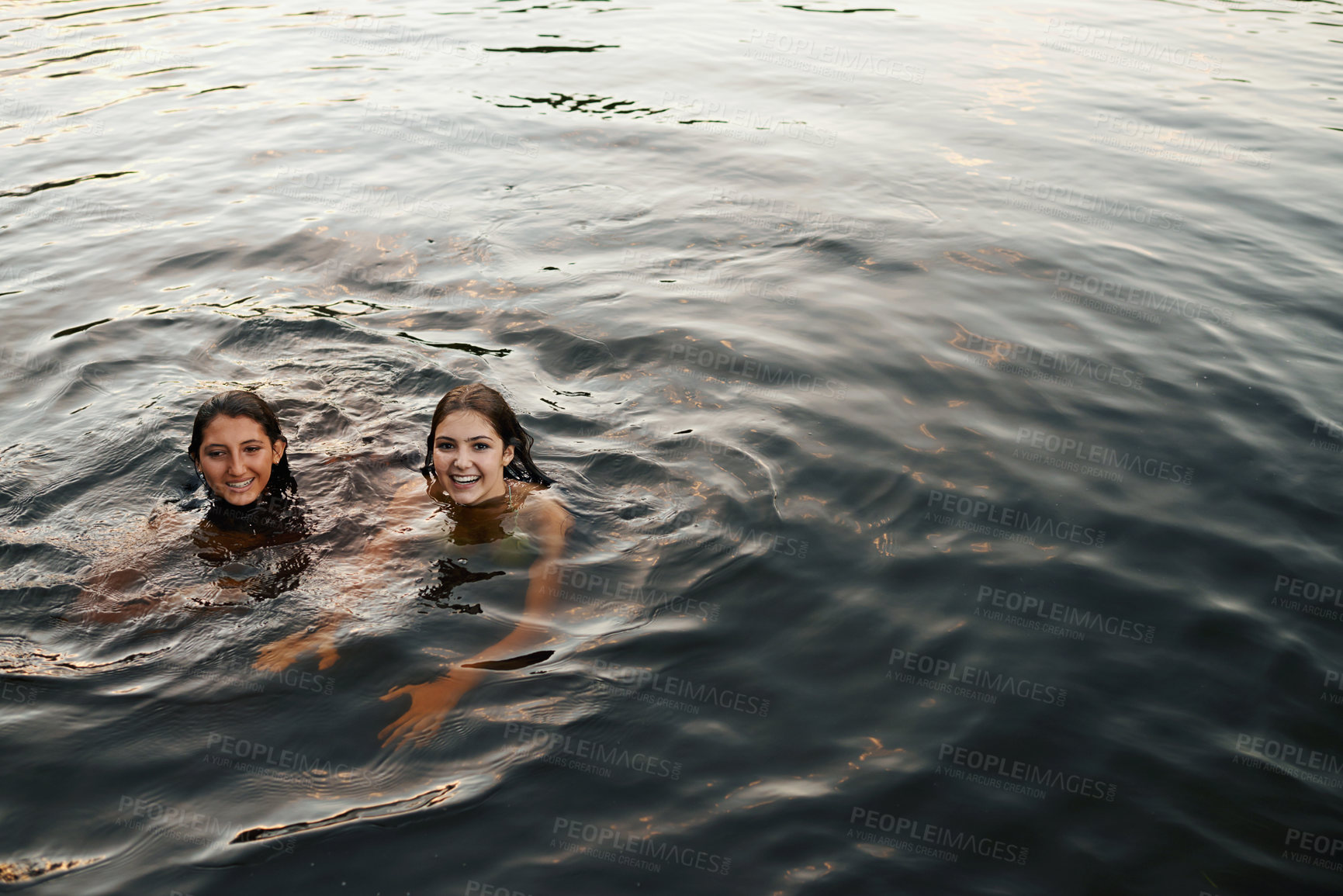 Buy stock photo Mockup, happiness and portrait of friends swimming in lake, water and river outdoor in countryside. Young women, group and diversity together on vacation, holiday and travel to relax in Australia