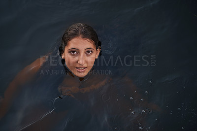 Buy stock photo Portrait, swimming and teenage girl with water, lake and holiday with weekend break and getaway trip. Person, outdoor and fresh air with wellness or energy with sunshine or wet with nature and cardio