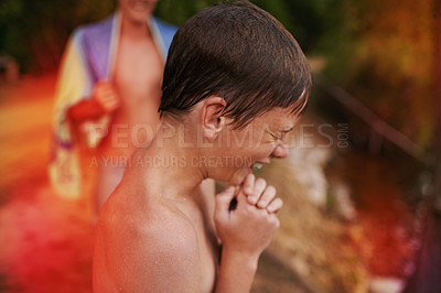 Buy stock photo Scared, boy and lake in nature swimming for adventure, summer vacation and sunshine. River, outdoor and face of wet young teenager by pond for holiday, getaway trip and fresh air in countryside.