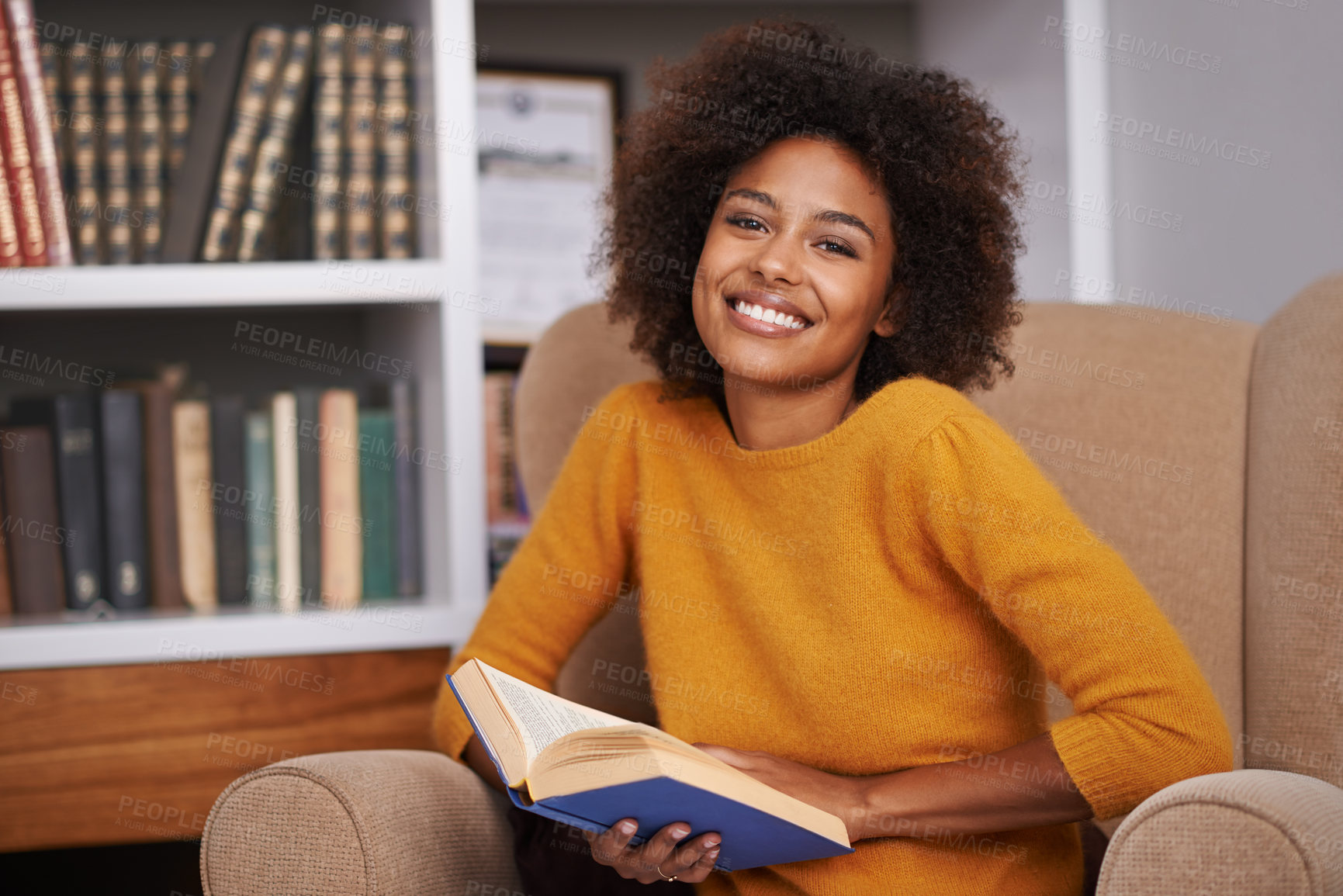 Buy stock photo Woman, portrait and smile with library book for university research project for scholarship, knowledge or learning. Female person, face and reading on college campus, higher education or studying
