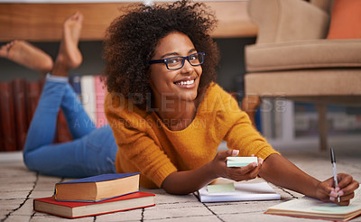 Buy stock photo Woman, portrait and library books with notebook or academic research paper, university education or scholarship. Female person, glasses and floor as student for  exam learning, literature or project