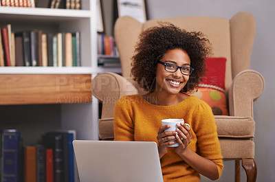 Buy stock photo Portrait, laptop and African woman in library, floor and study for education. Smile, coffee and glasses for happy female student with natural afro hair, learning and technology for knowledge