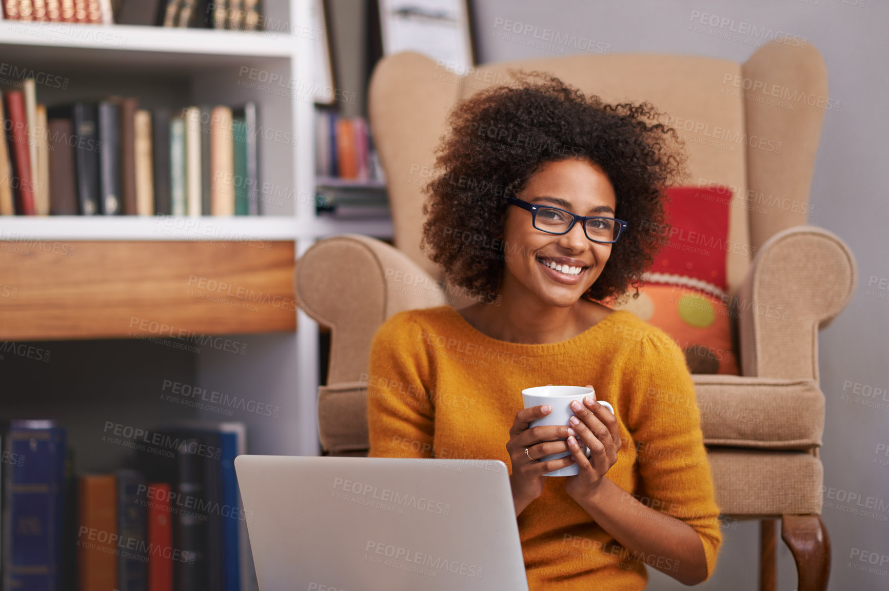 Buy stock photo Portrait, laptop and African woman in library, floor and study for education. Smile, coffee and glasses for happy female student with natural afro hair, learning and technology for knowledge